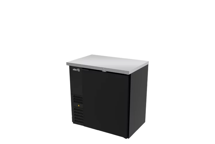 REFRIGERADOR DE CONTRA BARRA EN VINYL NEGRO 1 PUERTA SOLIDA CERRADURA EN PUERTA + LUZ INT. SLIM LINE. ABBC-24-36 HC