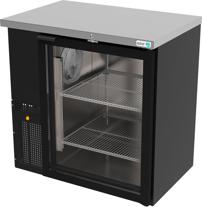 REFRIGERADOR DE CONTRA BARRA EN VINYL NEGRO 1 PUERTA DE CRISTAL CERRADURAS EN PUERTA LUZ INT. SLIM LINE. ABBC-24-36-G HC